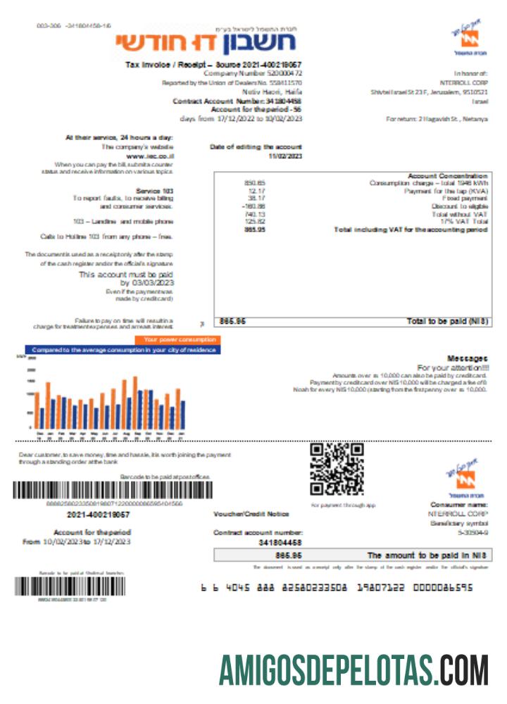 Projeto de lei de serviços públicos da Electric Corporation em hebraico SCR exemplo real